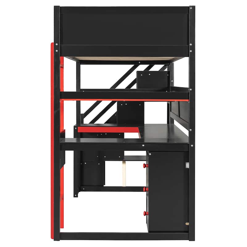 Gaming Loft Bed with Storage Stairs & Desk, Video Game Bed Wood Loft Bed Frame with Pegboard for Teens
