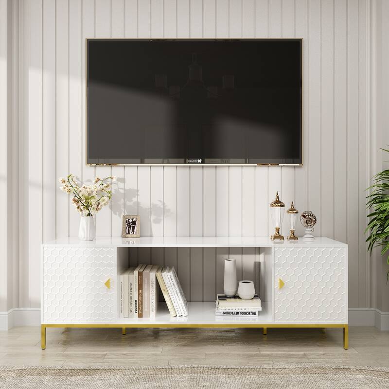 70 Inch TV Stand, Heavy Duty Wood Media Entertainment Center Console with Cabinet Storage & Open Shelves - White