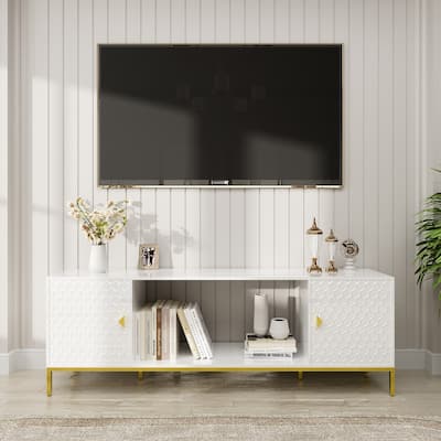 70 Inch TV Stand, Heavy Duty Wood Media Entertainment Center Console with Cabinet Storage & Open Shelves