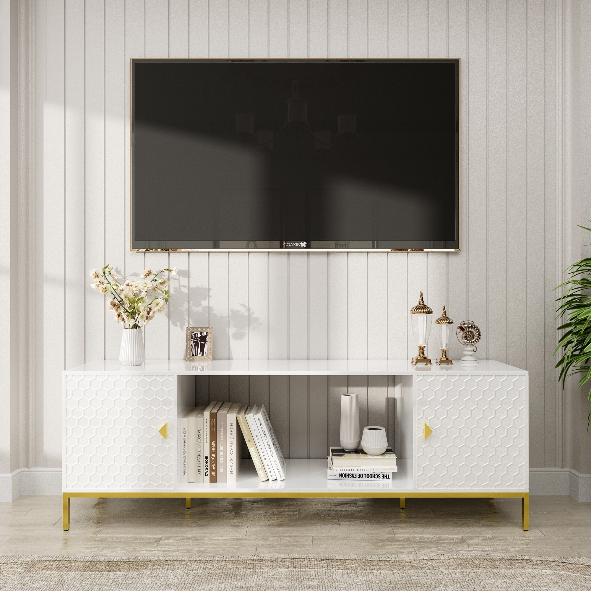 70 Inch TV Stand, Heavy Duty Wood Media Entertainment Center Console with Cabinet Storage & Open Shelves