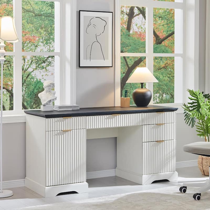 58" Modern Executive Desk with Storage, Wood Home Office Desk