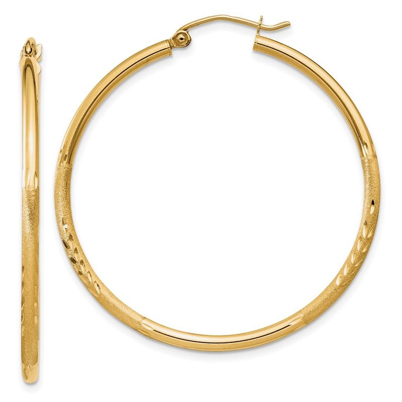 Curata 14k Yellow Gold Satin and Sparkle Cut Round Tube Hoop Earrings - 40x45mm