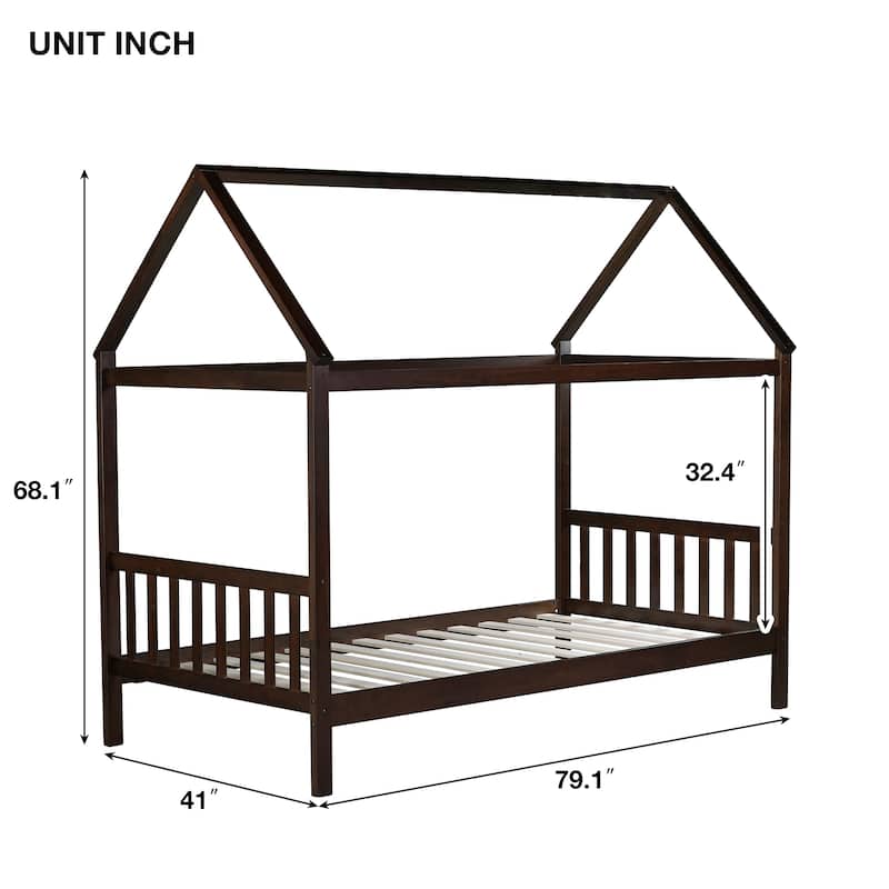 Twin House Bed with Headboard and Footboard, Twin Rubber Wood Bed with House Frame, White