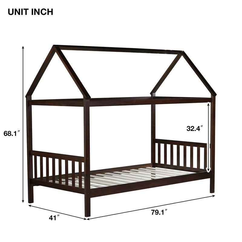 Twin Over Twin House Floor Bunk Bed Low Profile Bed Frame with Headboard and Footboard