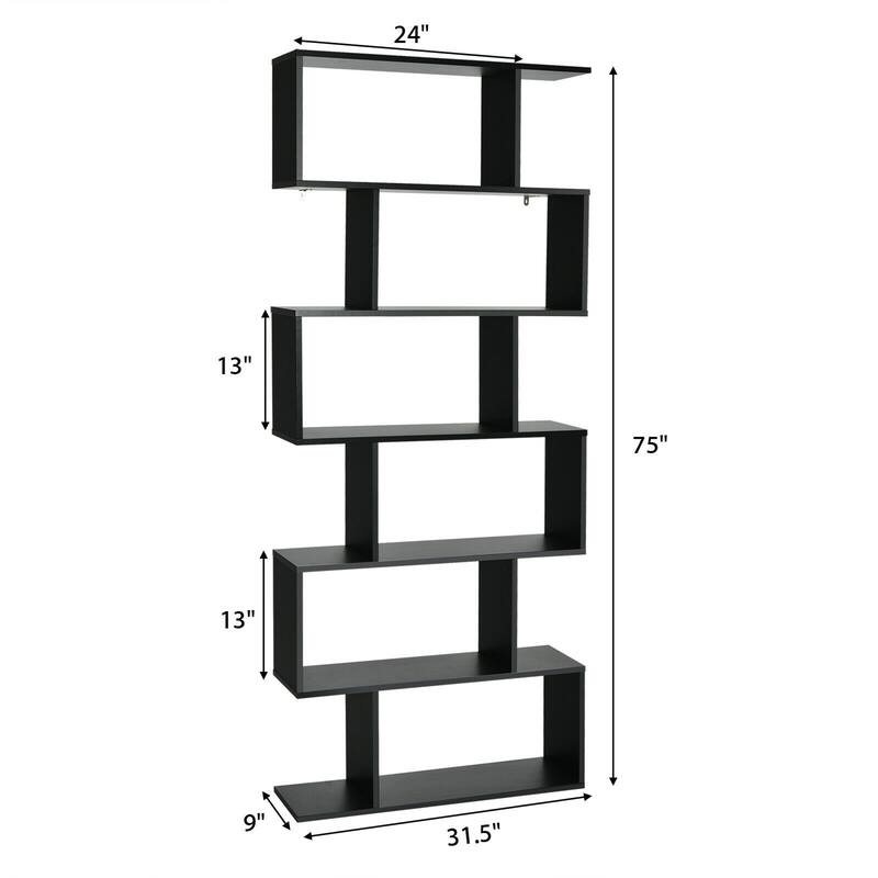 Gymax 6 Tier S-Shaped Bookshelf Storage Display Bookcase Decor Z-Shelf - 31.5'' x 9'' x 75''