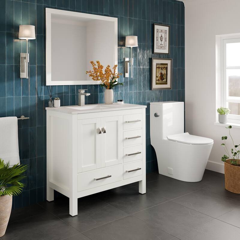 Eviva London 36"W SS Bath Vanity with White Carrara Quartz Top
