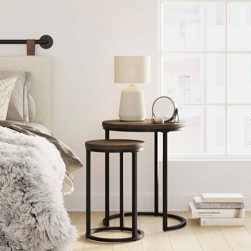 Nathan James Lula Tabletop with Metal Base Industrial Nested Round End Table Set of 2