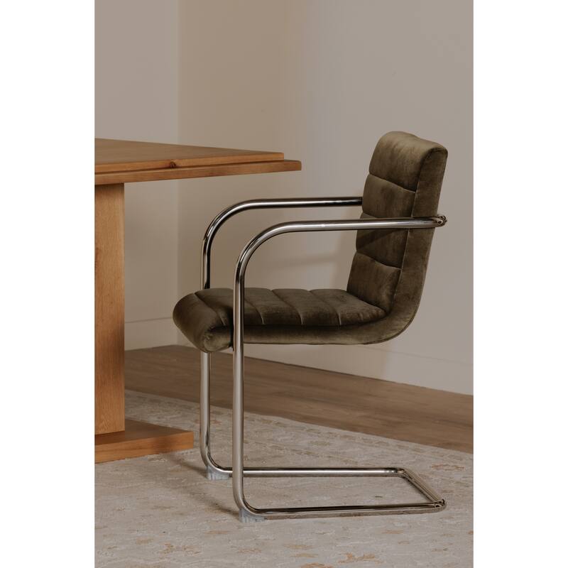 Title: NADAAL STUDIOS Cyran Dining Chair, Faux Green Upholstery, Stainless Steel Cantilever Frame - Set of 2
