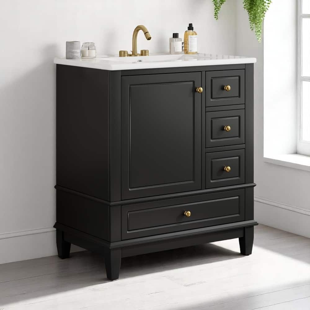 30" Freestanding Bathroom Vanity with Sink, One Door Cabinet and 3 Drawers, Solid Wood Frame & MDF Board