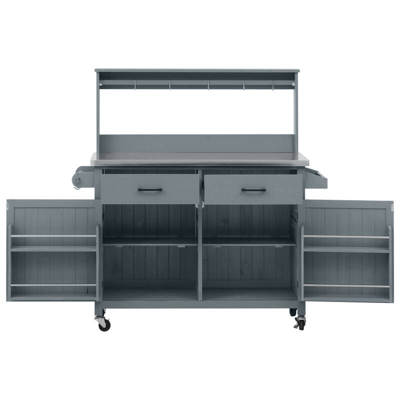 54.1" Outdoor Kitchen Island with High Shelf, Large Outdoor Potting Table with Top and Storage Cabinet, With Lockable Wheels