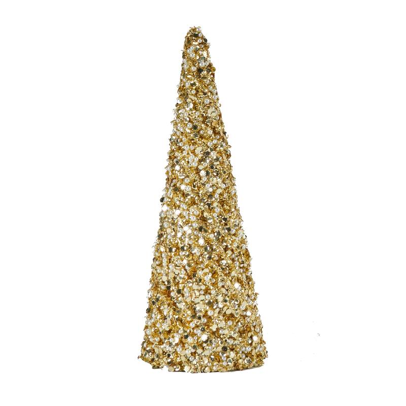 11.8" Glitter Bead And Sequin Artificial Tabletop Christmas Tree, Gold, Set of 2 - 11.8