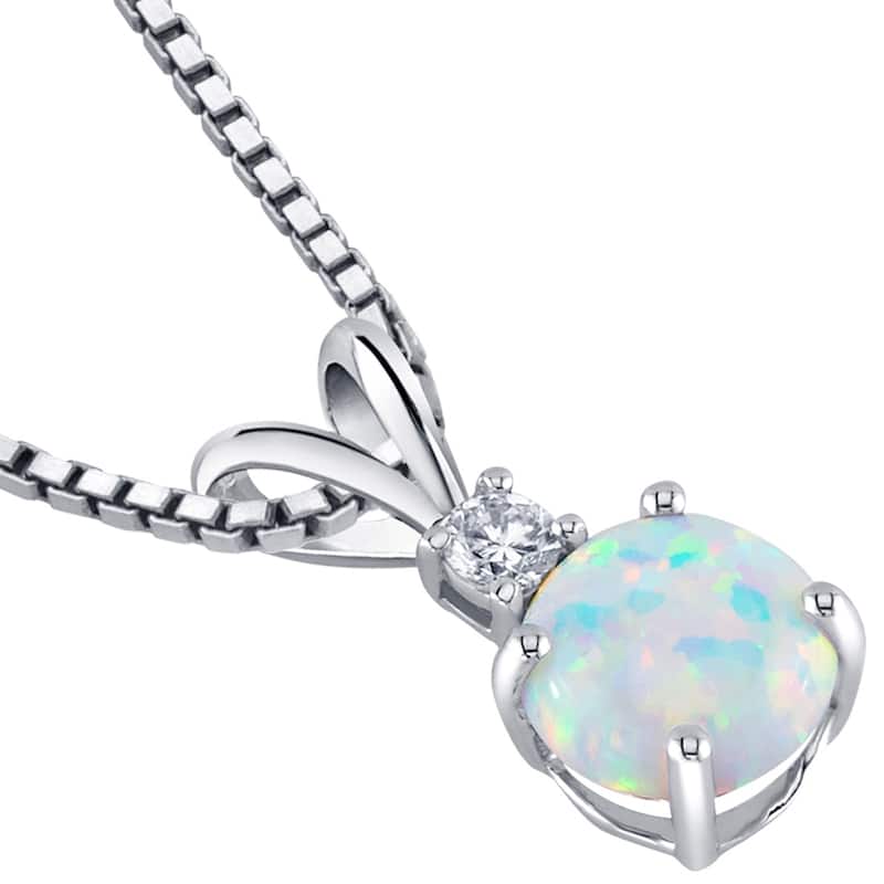 14k White Gold Gold Created Opal Diamond Solitaire Pendant