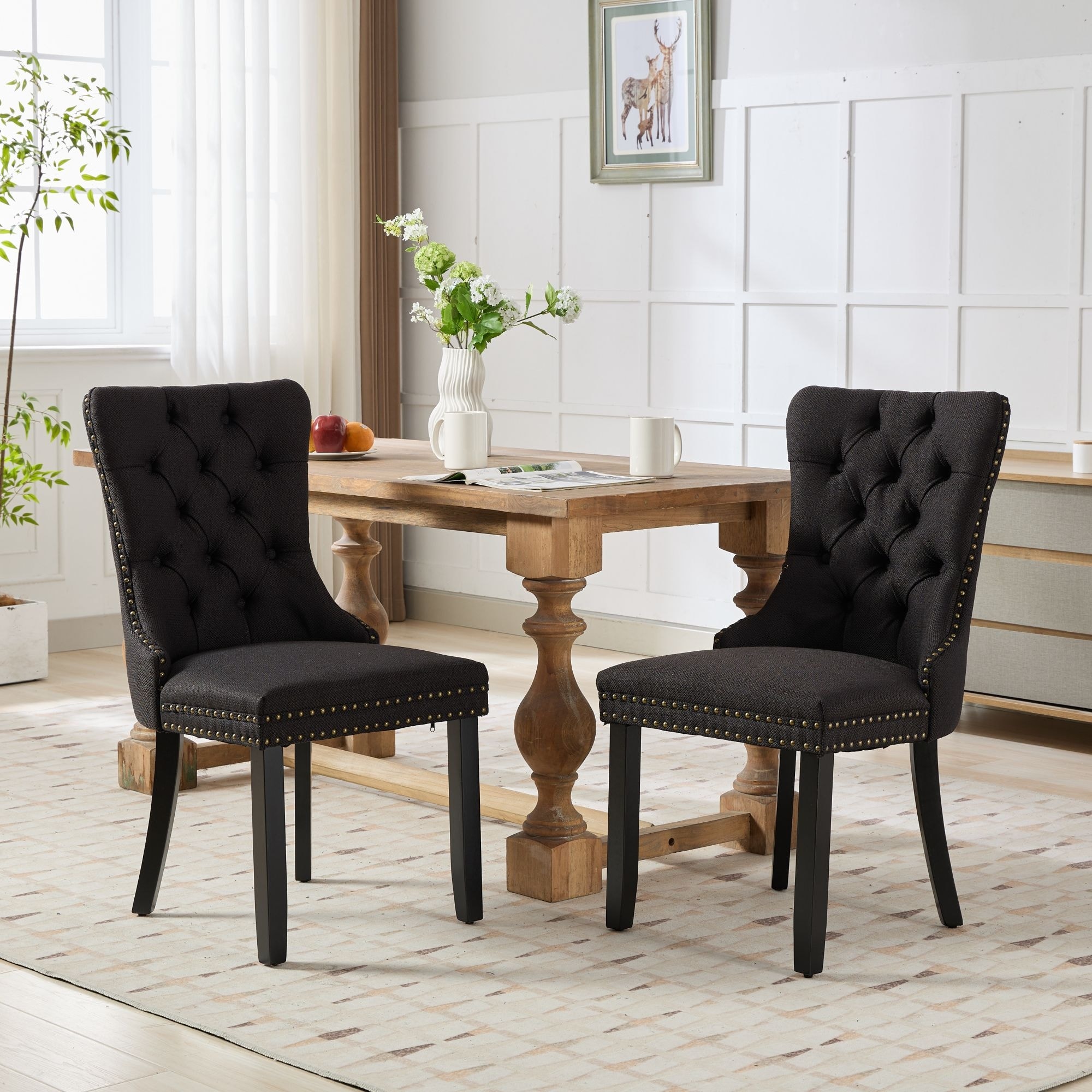 Roomfitters Modern Tufted Linen Dining Chairs Set of 2, Upholstered Accent Chairs with Lion Ring Pull, and Solid Wood Legs