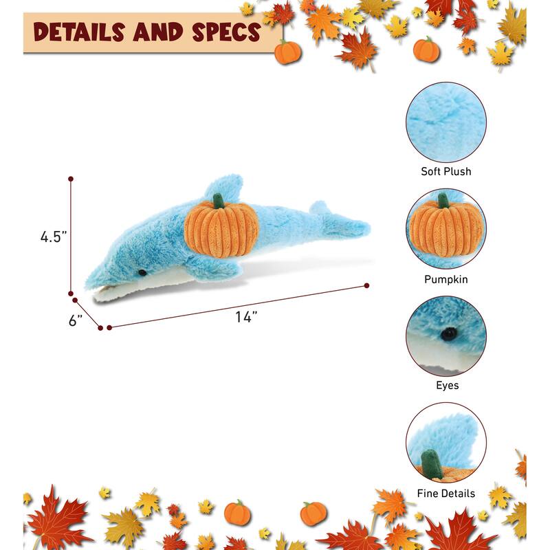DolliBu Super Soft Dolphin Stuffed Animal with Pumpkin Decor - 14 inches