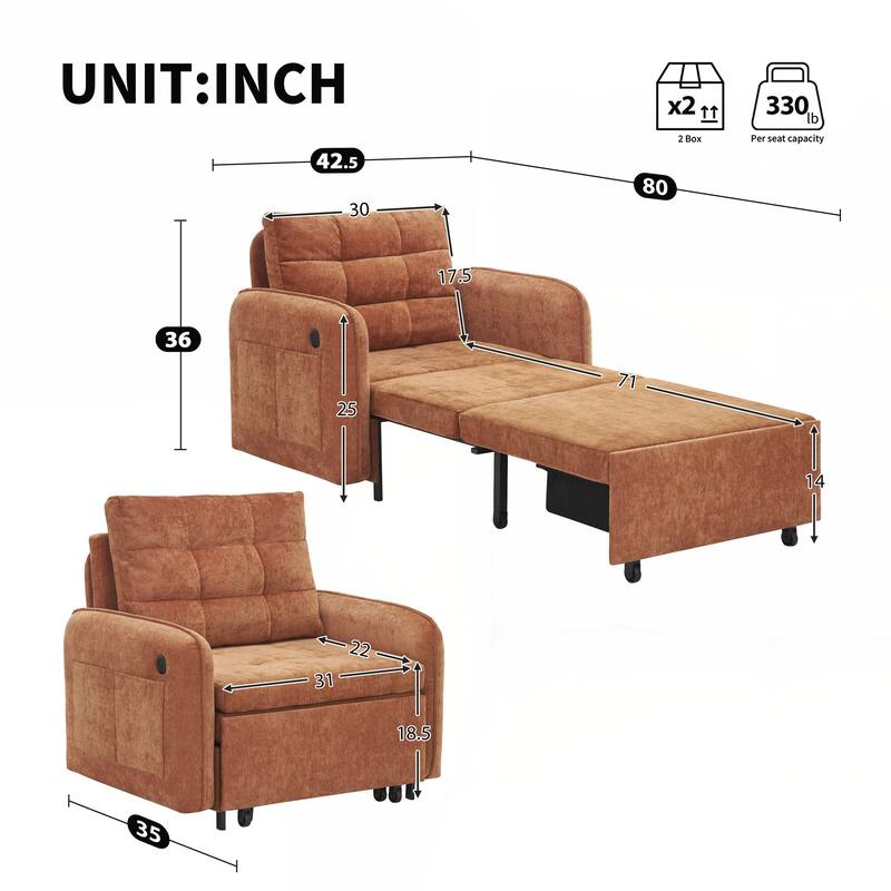 80" Extra Long Pull Out Sleeping Lounge with USB Charging, Storage Pockets and Box