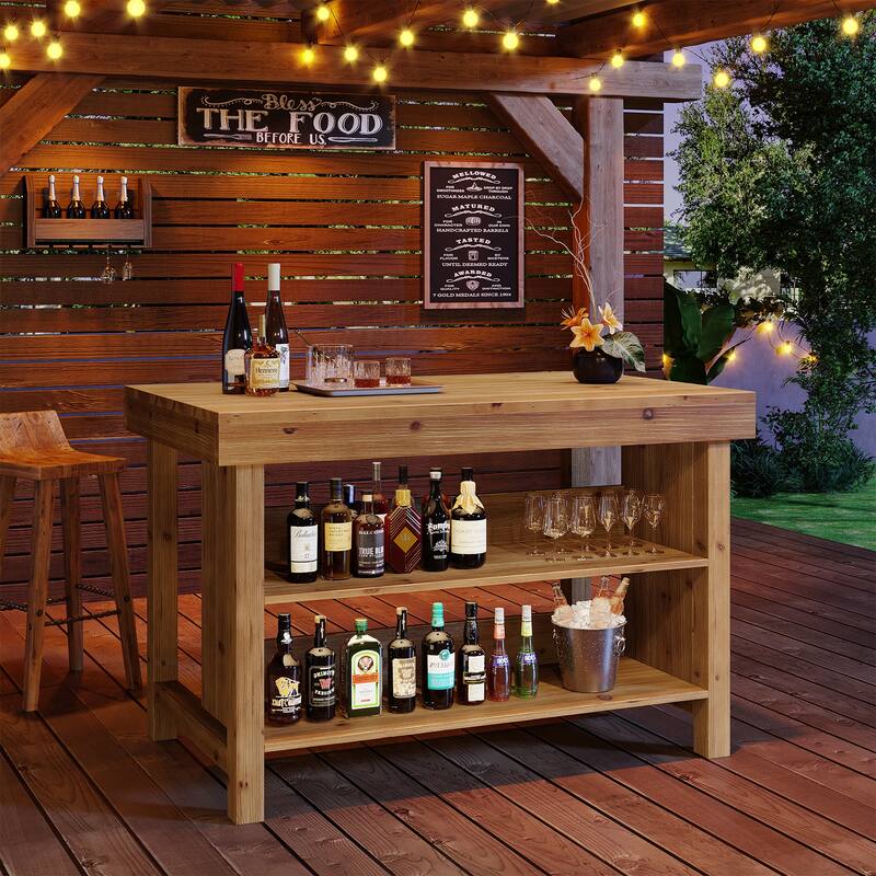 3-Tier 55-Inch Bar Table, Solid Wood Farmhouse Home Bar Unit
