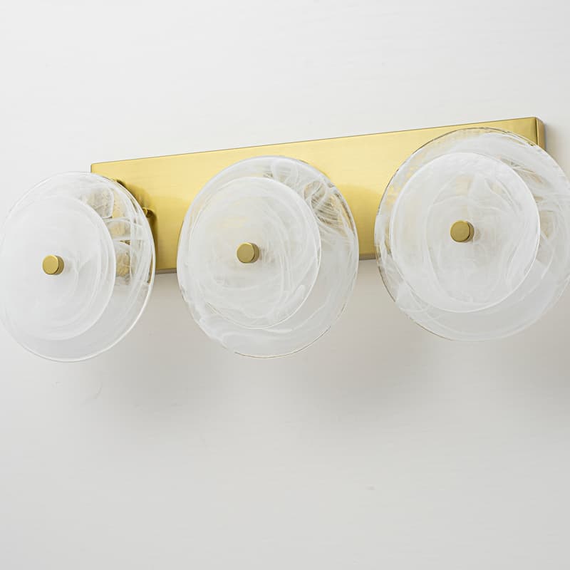 3-Light Mid-Century Modern Brushed Brass Vanity Light with Cloud-Textured Round Glass glass disc