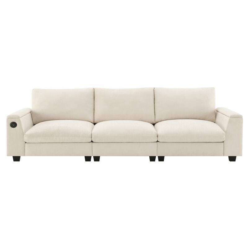 96" Chenille Smart Sectional Sofa with Bluetooth Speaker, Drop-Down Table & USB Charger and 3-Seater Cloud Couch
