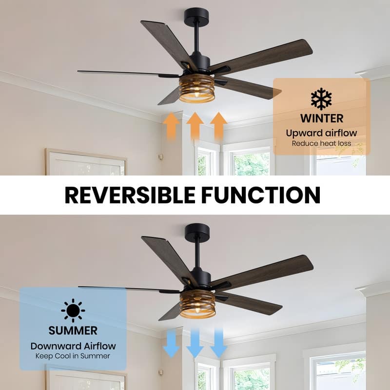 52 Inch Farmhouse Ceiling Fans with Lights and Remote Wood Black Industrial Rustic Caged Ceiling Fan for Bedroom Living Room