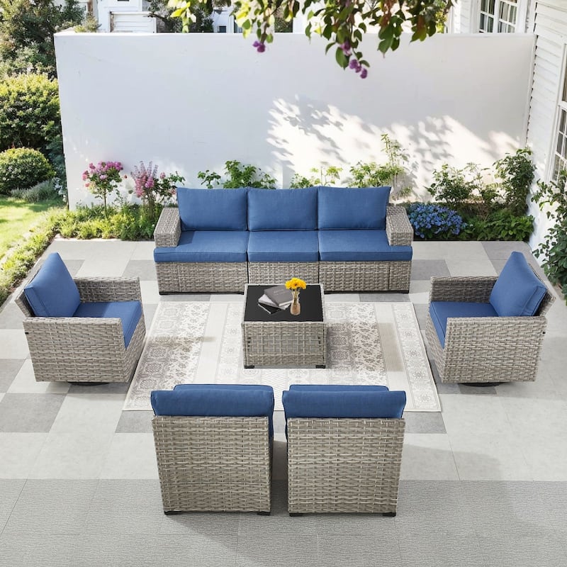 Pocassy Outdoor Sectional Sofa Patio Furniture Sets with Thickened Cushions - Blue Cushion - Sofa with Swivel Chairs Table Combination 5