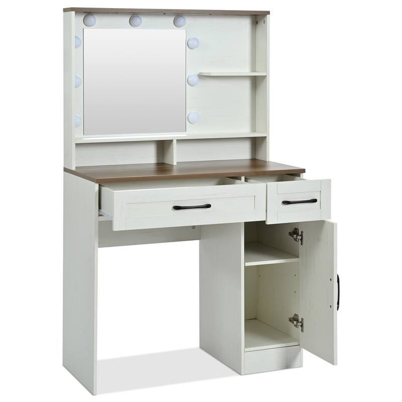 Farmhouse Makeup Vanity Desk with Mirror and Lights, 3 Lighting Modes, Vanity Set with Stool, Dressing Table