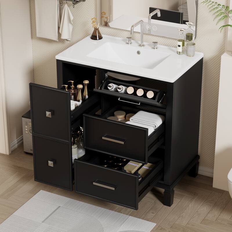 30" Bathroom Vanity with Ceramic Sink, Flip-Out Drawer, Soft Close Doors & Drawers Cabinet with Solid Wood Legs