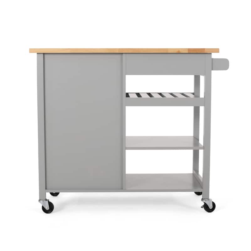 Contemporary Kitchen Cart with Rubberwood Top, Multi-Function Storage Drawer, Open Shelves, Rolling Casters with Locks