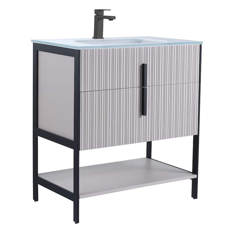 Fine Fixtures Serenity Modern Bathroom Vanity with White Glass Top - Bright Taupe - Black Hardware - 30 inch