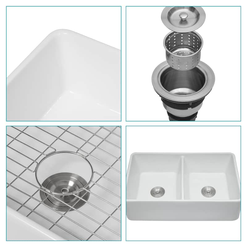32'' Farmhouse Ceramic Double Bowl Kitchen Sink in White - 32'' x 20'' x 9''
