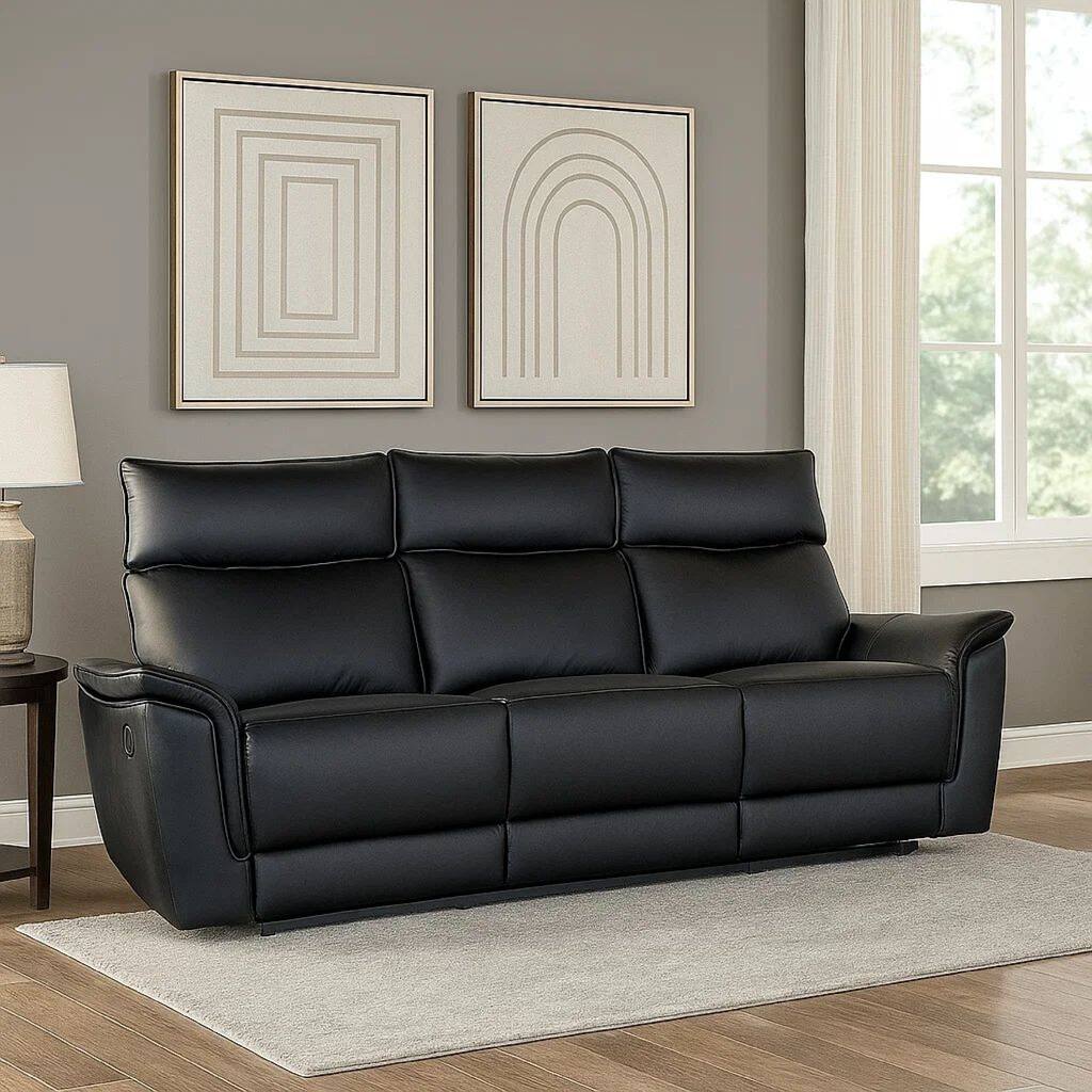 Lenne Sofa, Black Faux Leather, Manual Reclining Mechanism, 86 Inch