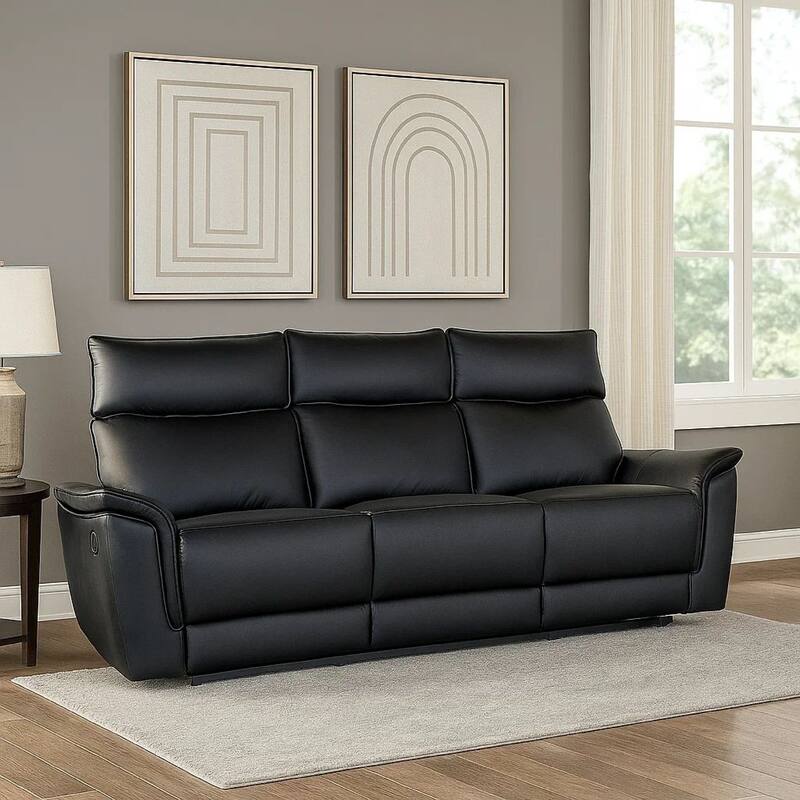 Lenne Sofa, Black Faux Leather, Manual Reclining Mechanism, 86 Inch