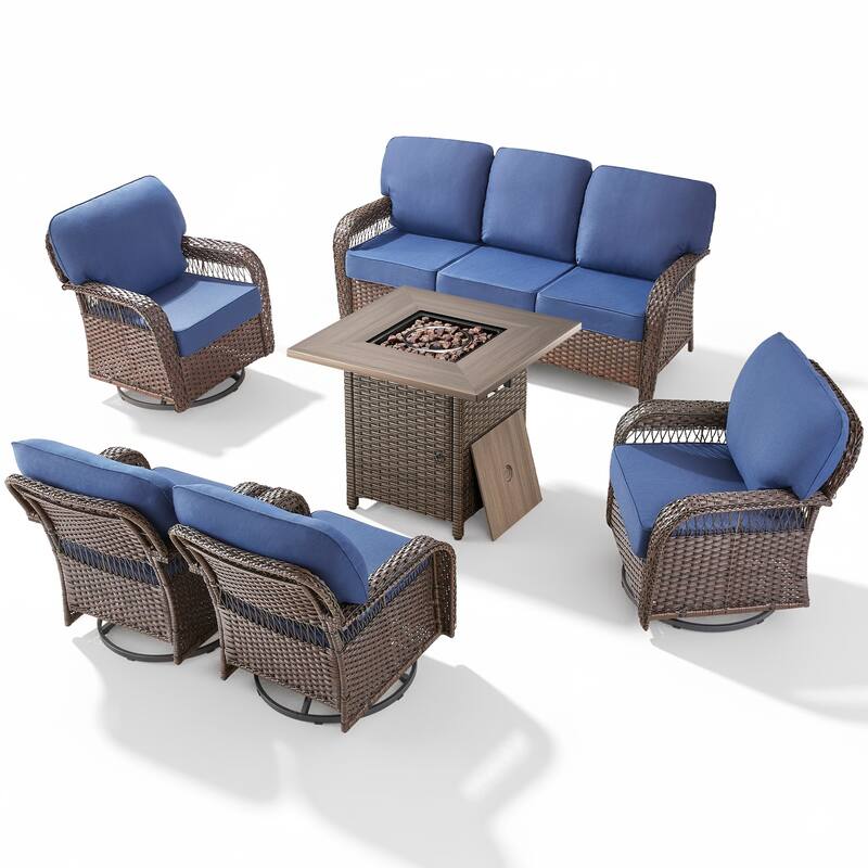 Pocassy Outdoor Sofa Ottoman Swivel Chair Table with Fire Table Set.