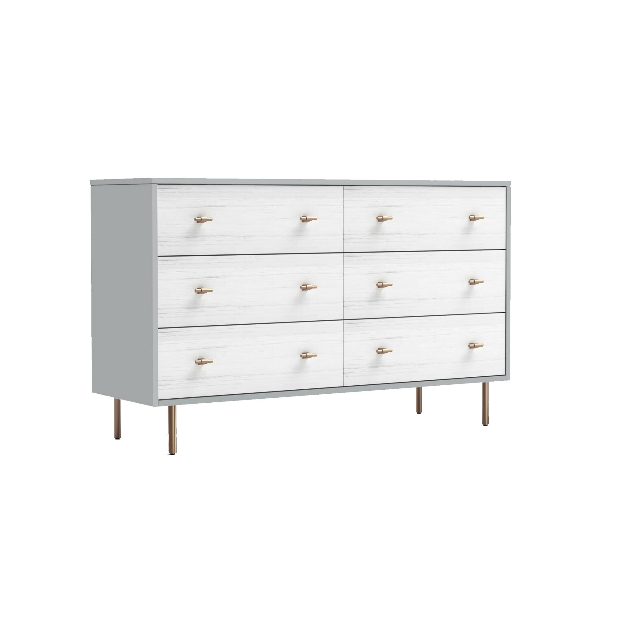 Dap 56 Inch 6 Drawer Dresser, Sleek Satin Gold Handles, White and Gray