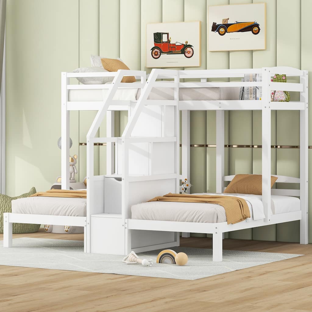 Twin over Twin & Twin Bunk Bed with Built-in Staircase and Storage Drawer