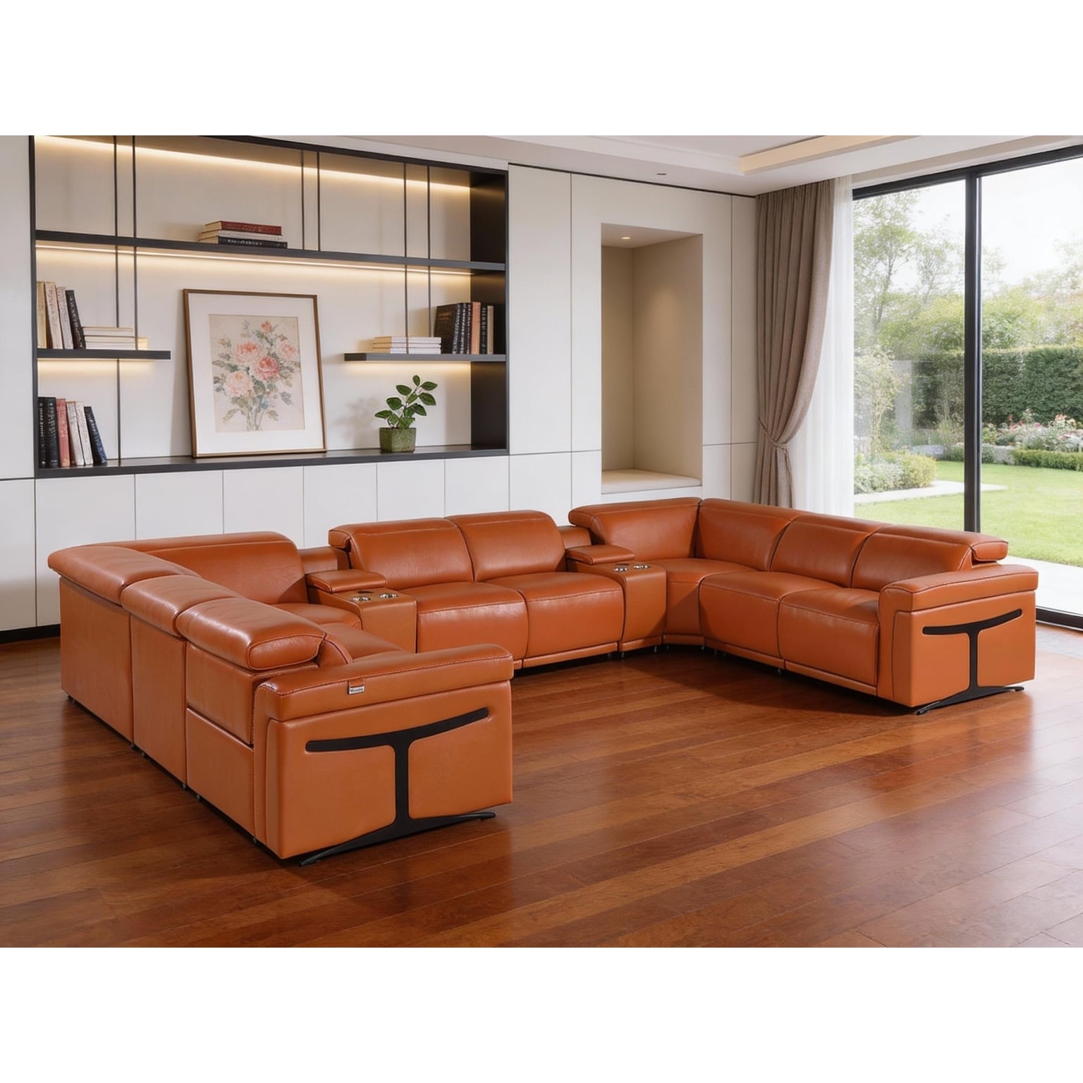 HomeRoots Camel Italian Leather Power Reclining U Shaped Ten Piece Corner Sectional With Console