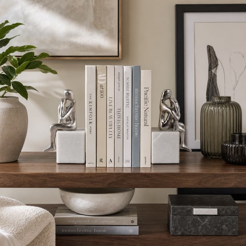 Modern Sitting Figurines with Leg Up Bookends on Marble Base - Set of 2 - 7.25"