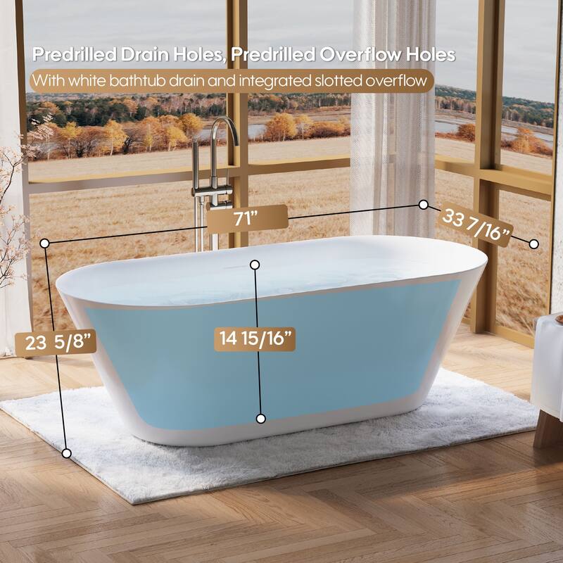 Glossy White Freestanding Soaking Bathtub, 100% Pure Virgin Acrylic with Drain And Overflow