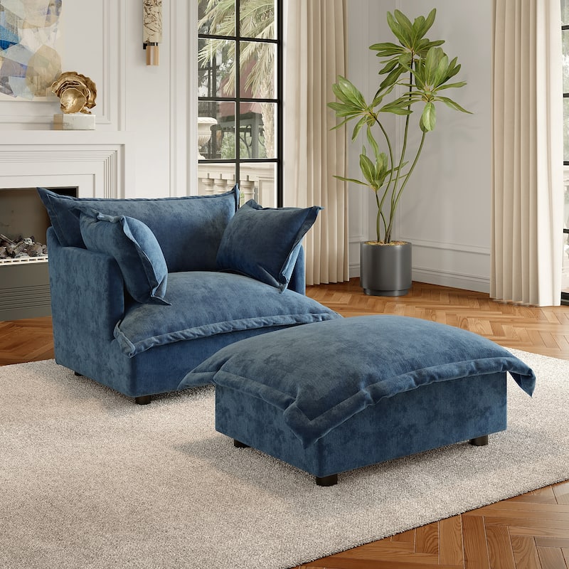Modern Cloud Chaise Longue Accent Chair with Ottoman set - Navy - Arm Chair+Ottoman