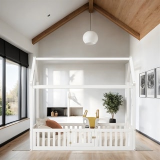 Twin Size Wood House Bed with Fence and Door,Roof
