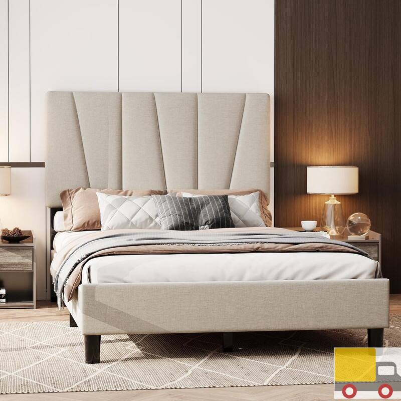 Upholstered Platform Bed with Adjustable Headboard and Slat Support - King - Beige