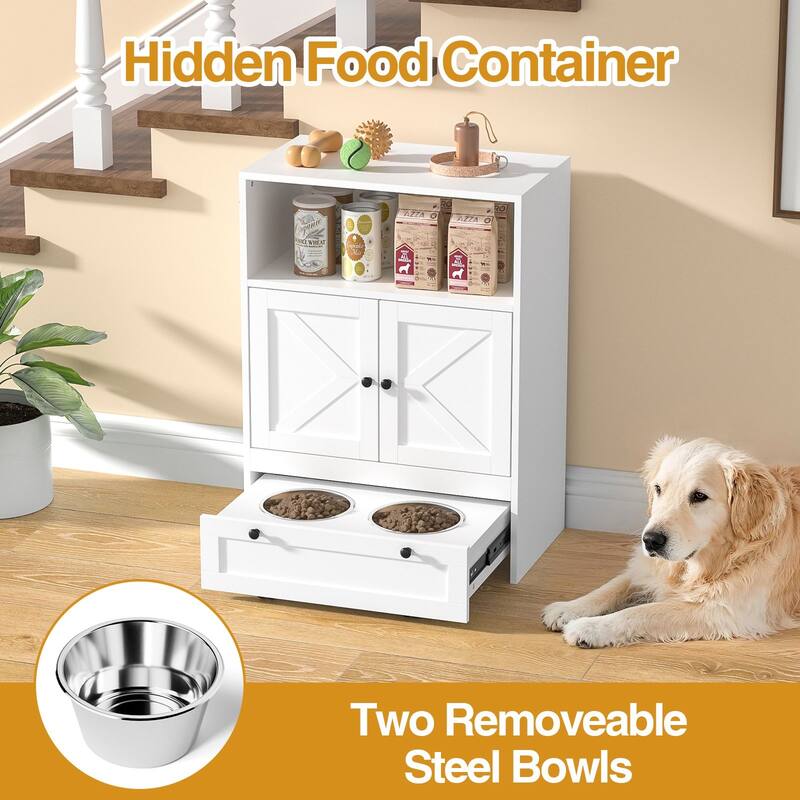 Anmytek 32" High Dog Feeding Station with 2 Elevated Bowls and Storage Cabinet for Cats and Dogs