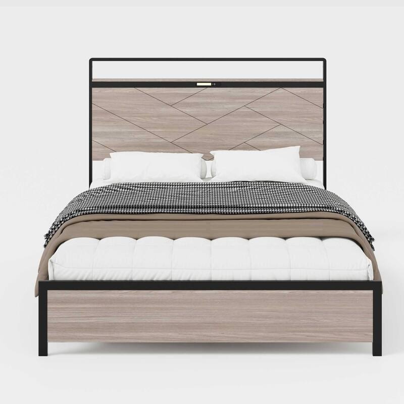 wooden platform bed frame with storage LED light headboard and 2 USB