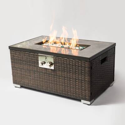 Outdoor 32" Fire Table Gas Fire Pit Rattan Gas Fire Table, 40,000BTU Gas Fire Table with Tile Tabletop