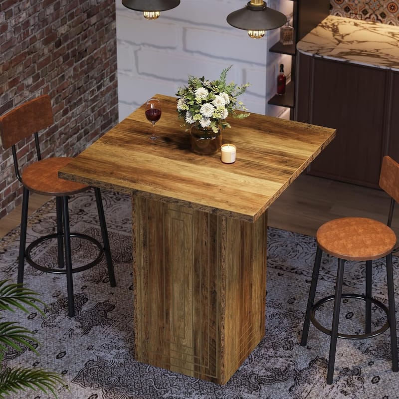 31" Square Bar Table with Geometric Texture, Wooden Counter Height Pub Table for Dining Room