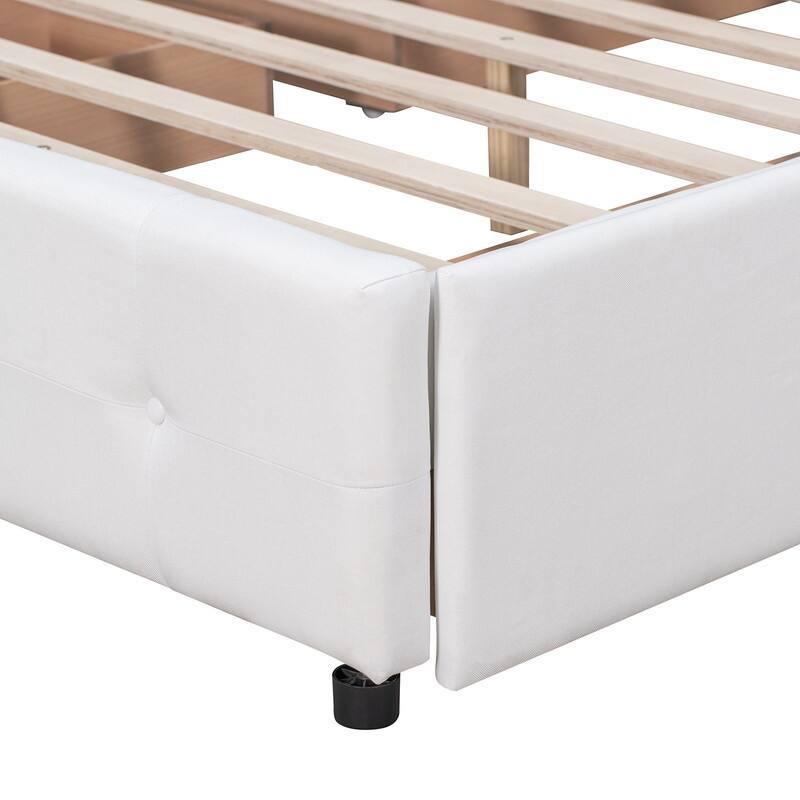 Queen Upholstered Bed Frame with 4 Drawers, Linen Fabric Platform Storage Bed with Classic Headboard and Wooden Slats Support