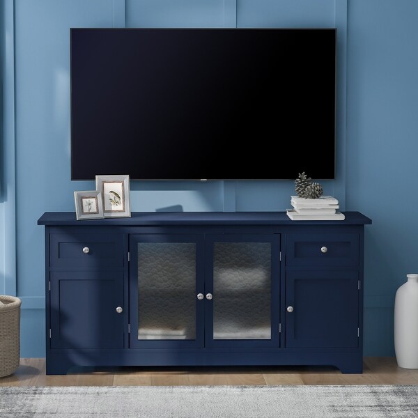 Navy TV Stand with 4 Doors Adjustable Panels Open Style Cabinet