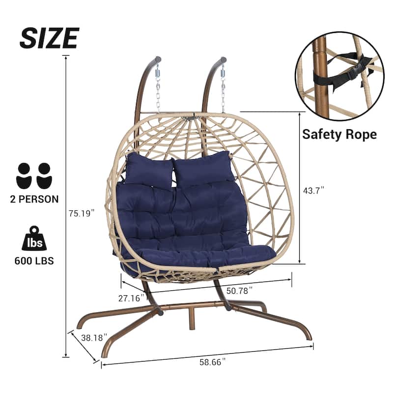 Double Rattan Egg Chair with Stand and UV-Resistant Cushions and Iron Frame - Outdoor Hanging Swing (600lb Capacity)