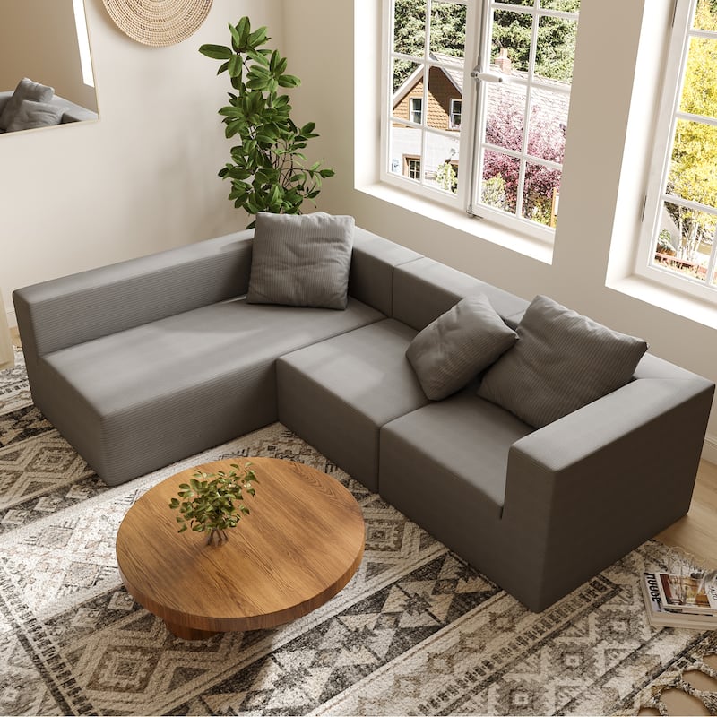 Corduroy Chaise Sectional Couch Convertible into Sleeper Sofa Bed, Deep Seating Modular Compression Sofa for Living Room