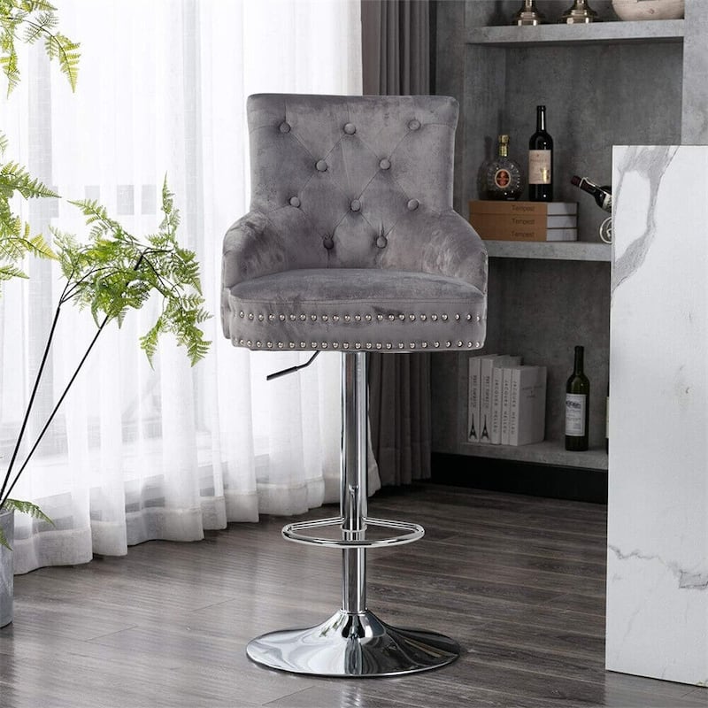 Swivel Tufted Velvet Bar Stool Adjustable with Lion Head Knocker