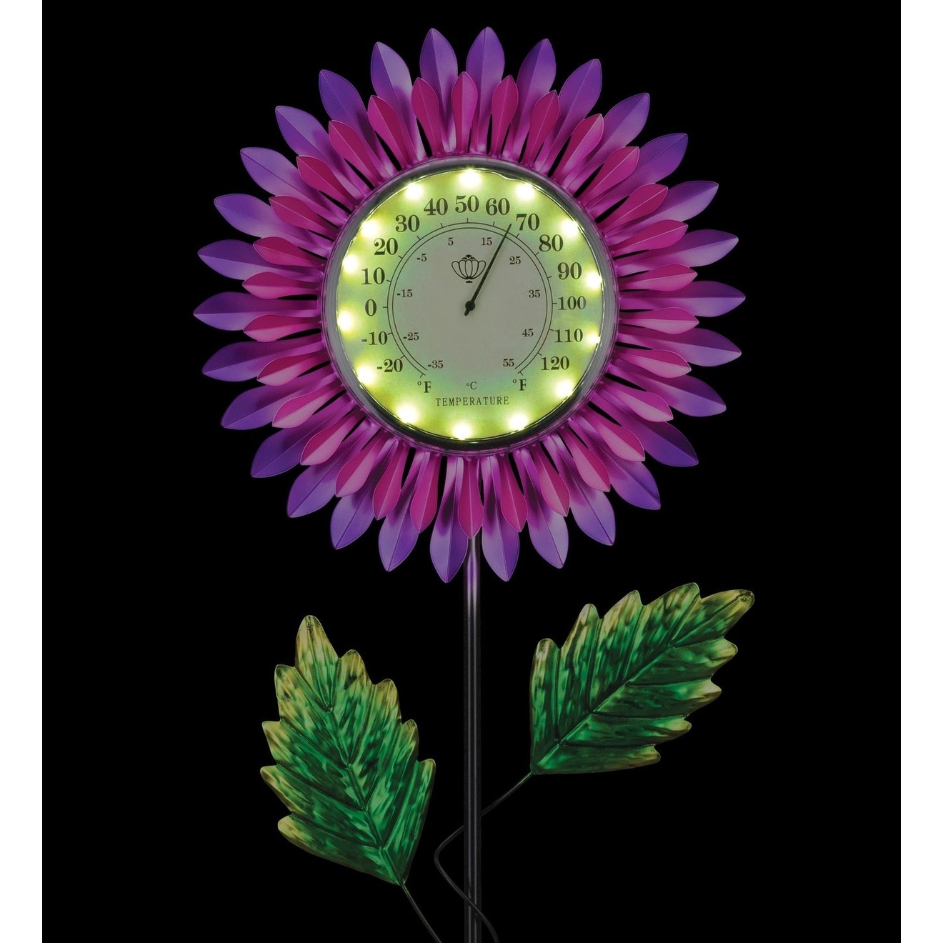 Solar Galvanized Metal Flower Thermometer Garden Stake
